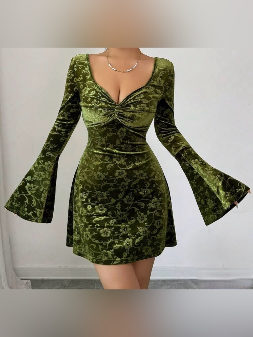 Olive Green Velvet Floral Mini Dress